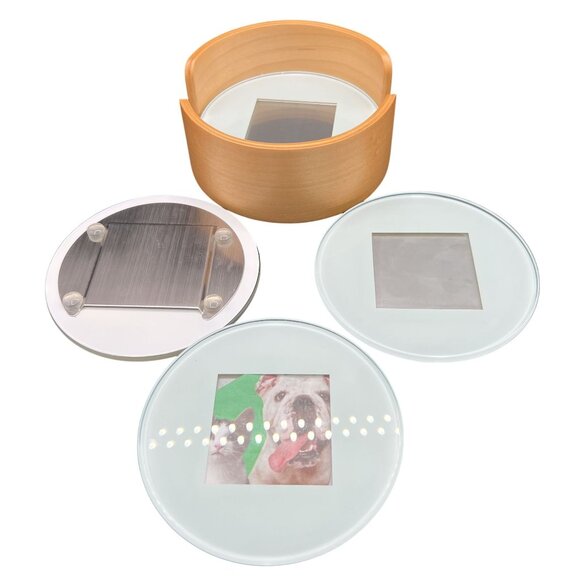 Swing Coaster Set Photo Glass Cherry Wood Holder Family Pictures Gift Exchange - Picture 5 of 7